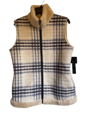 UbU Sleeveless Plaid Zip Reversible Vest Faux Fur Trim Cream & Navy NWT